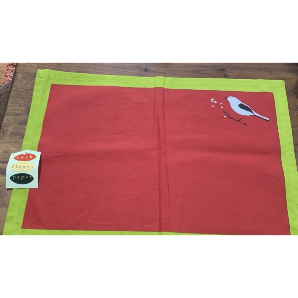 Rock Flower Paper Placemats / Green Red / Chickadee Bird / Cotton / 20" x 14"